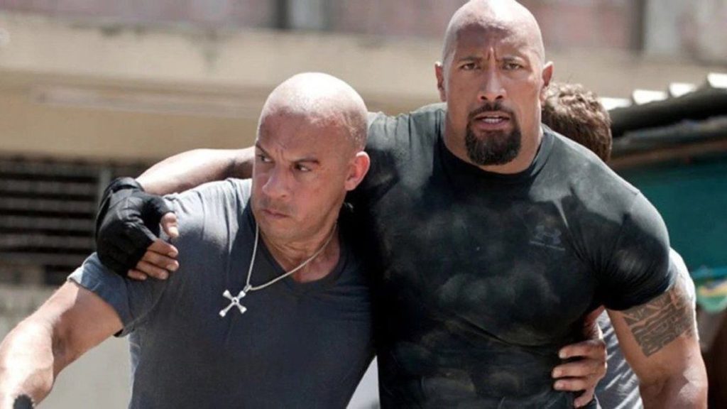 Dwayne Johnson and Vin Diesel in a still from Fast & Furious 6 (2013)