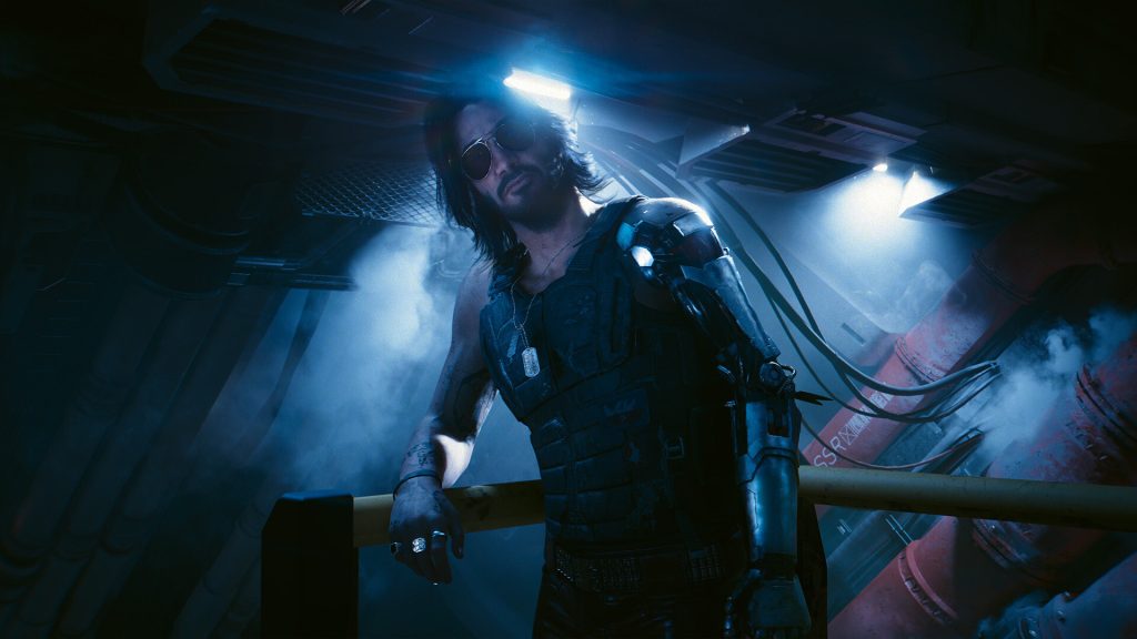 the image shows Keanu Reeves' Johnny Silverhand in Cyberpunk 2077 