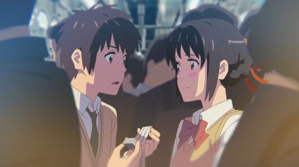 Mitsuha and Taki meet for the first time in Your Name.