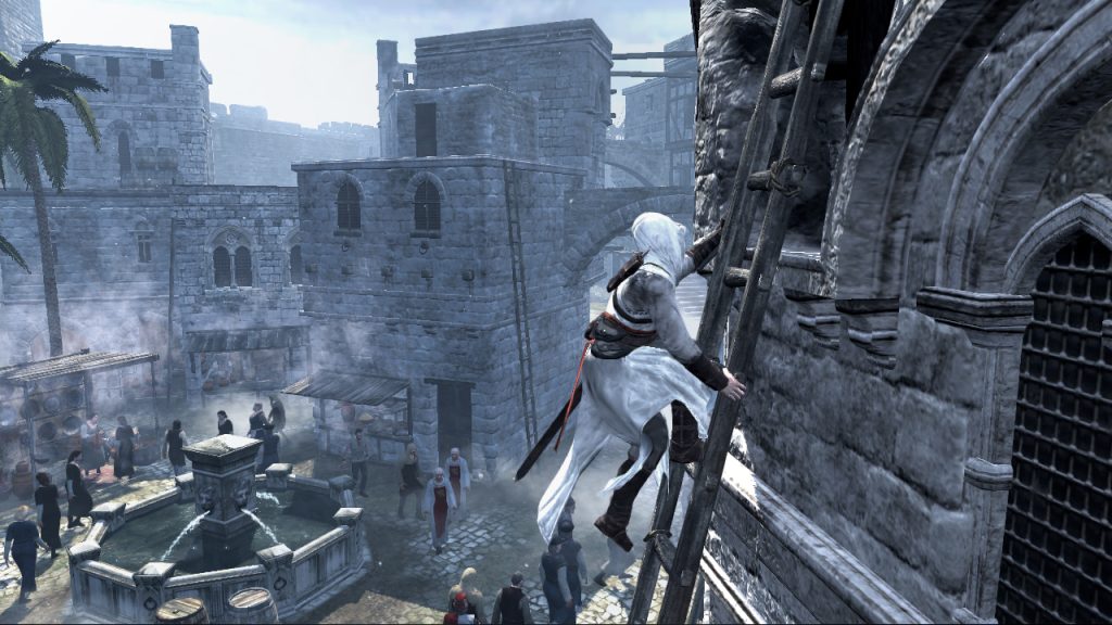 the image shows the player climbing the ladder in Assassin's Creed