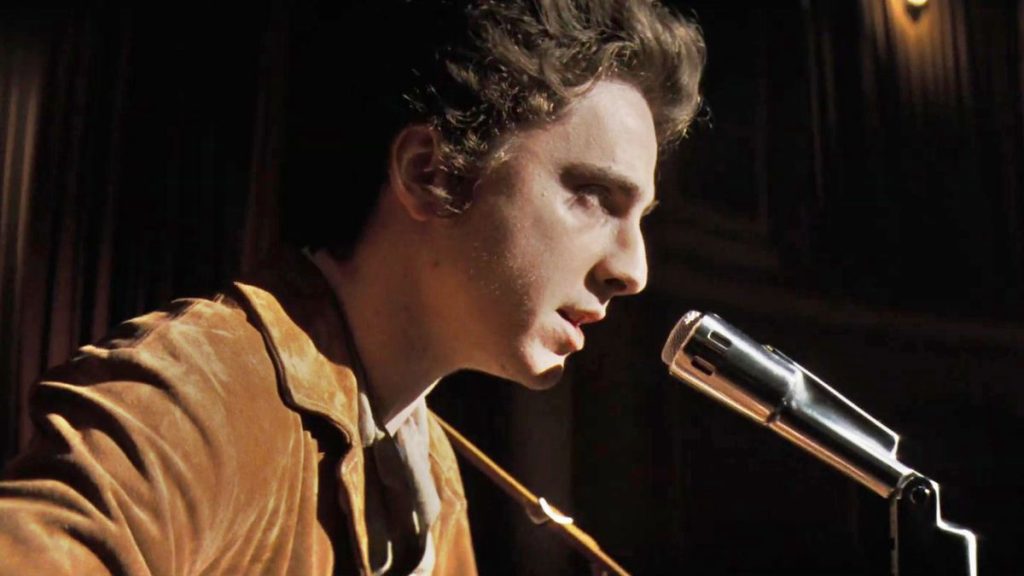 Timothée Chalamet portraying the role of Bob Dylan in A Complete Unknown