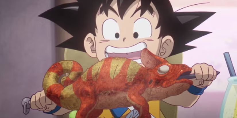 Goku eating Skewered Lizard [Credit: Toei Animation]