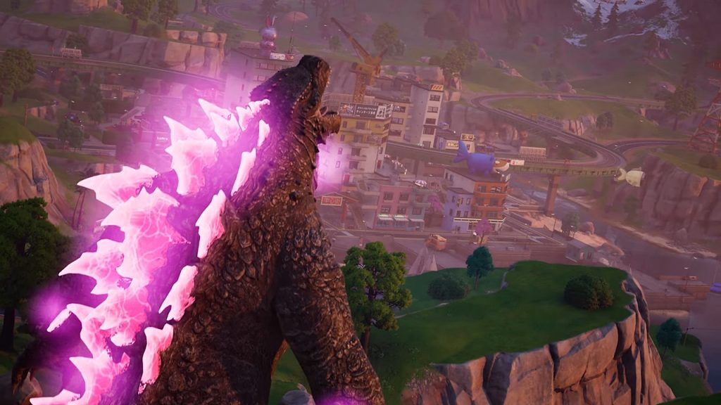 A screenshot from the Fortnite Chapter 6 Season 1 trailer, featuring the introduction of Godzilla in the game.