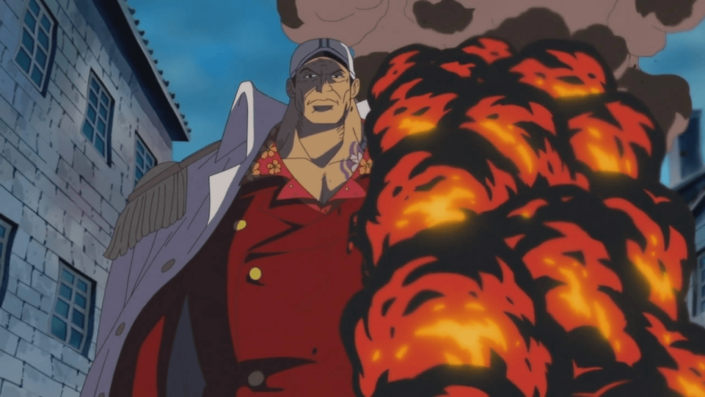 Akainu using his Magu Magu no Mi in One Piece.