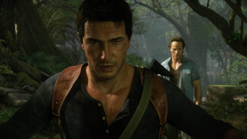 A screenshot from Uncharted 4: A Thief's End, featuring a close-up of protagonist Nathan Drake.