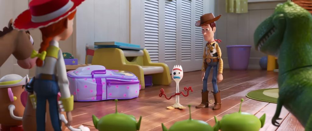 A still from Toy Story featuring Forky, Woody, Jessie, and Bullseye