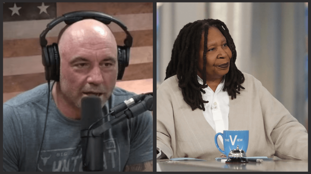 Joe Rogan | Credits: @PowerfulJRE/YouTube; Whoopi Goldberg in The View | Credits: ABC News