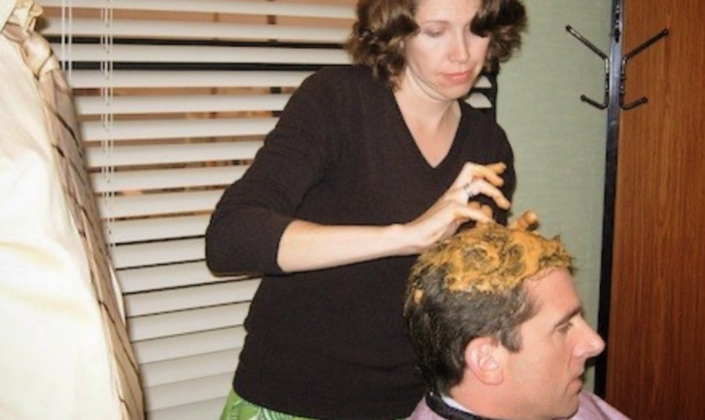 hairstylist Kim Ferry and Steve Carell on the set of The Office 