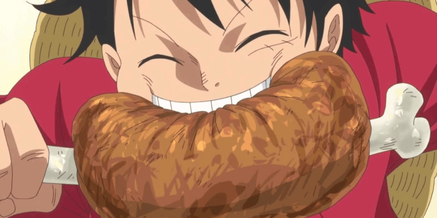 Luffy eating meat in One Piece. 