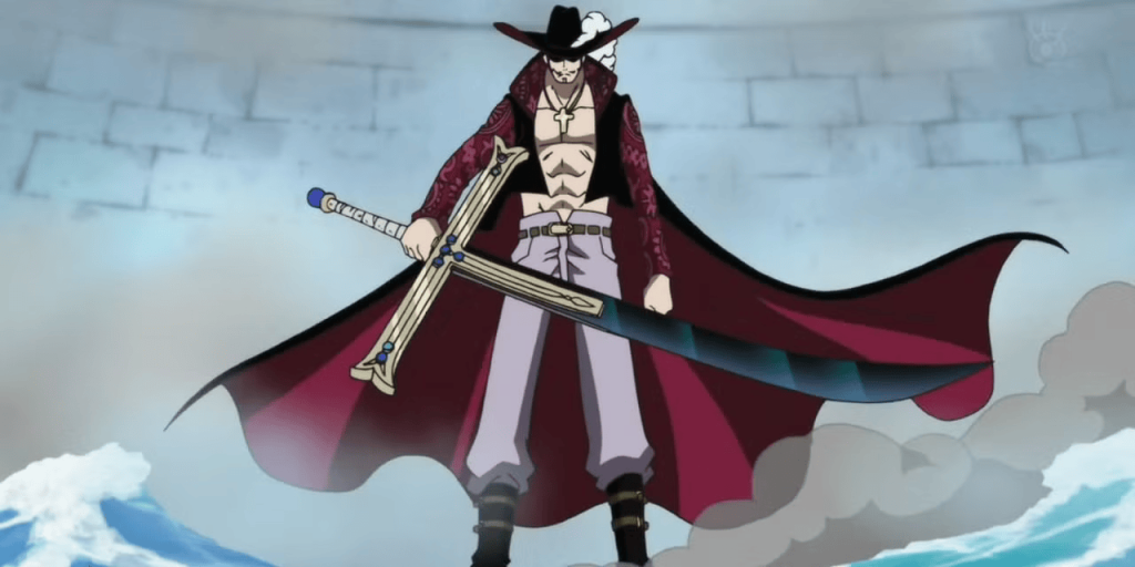 Dracule Mihawk wielding Yoru in One Piece