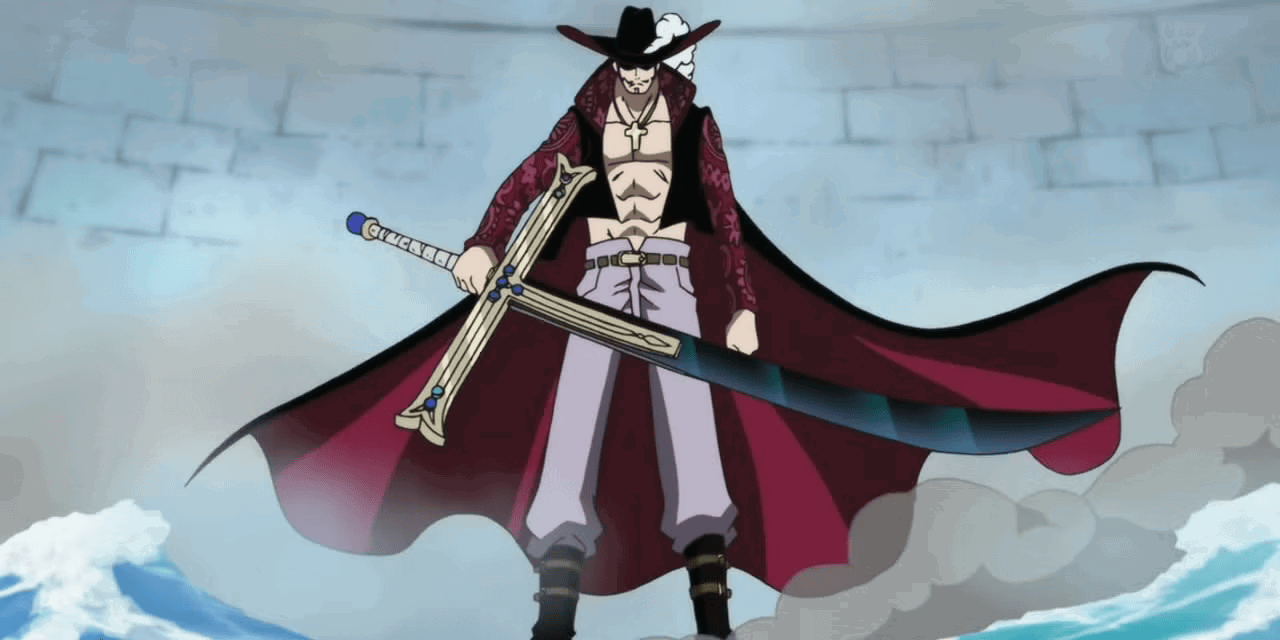 Dracule Mihawk wielding Yoru in One Piece. 