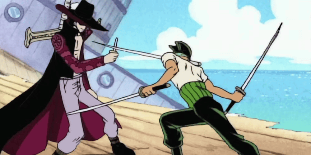 Mihawk vs Zoro in One Piece. 