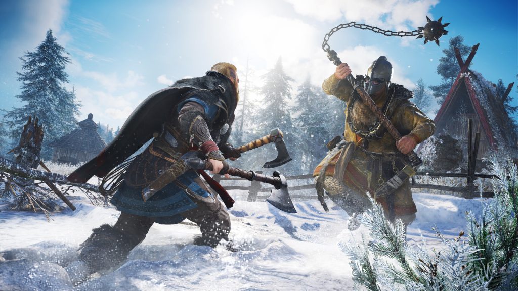 The image shows players fighting in  snow in Assassin's Creed Valhalla