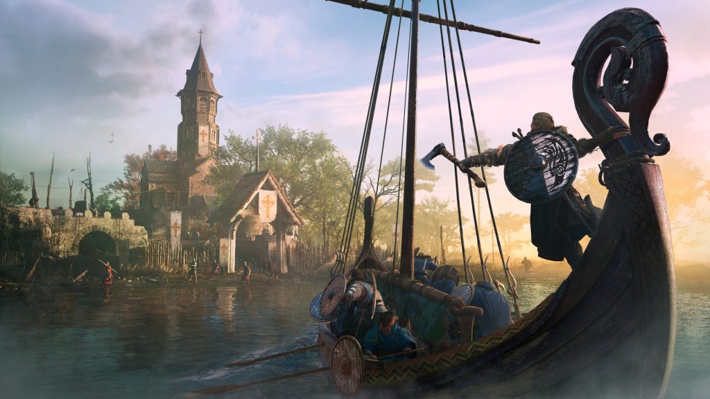 the image shows players using a boat in Assassin's Creed Valhalla