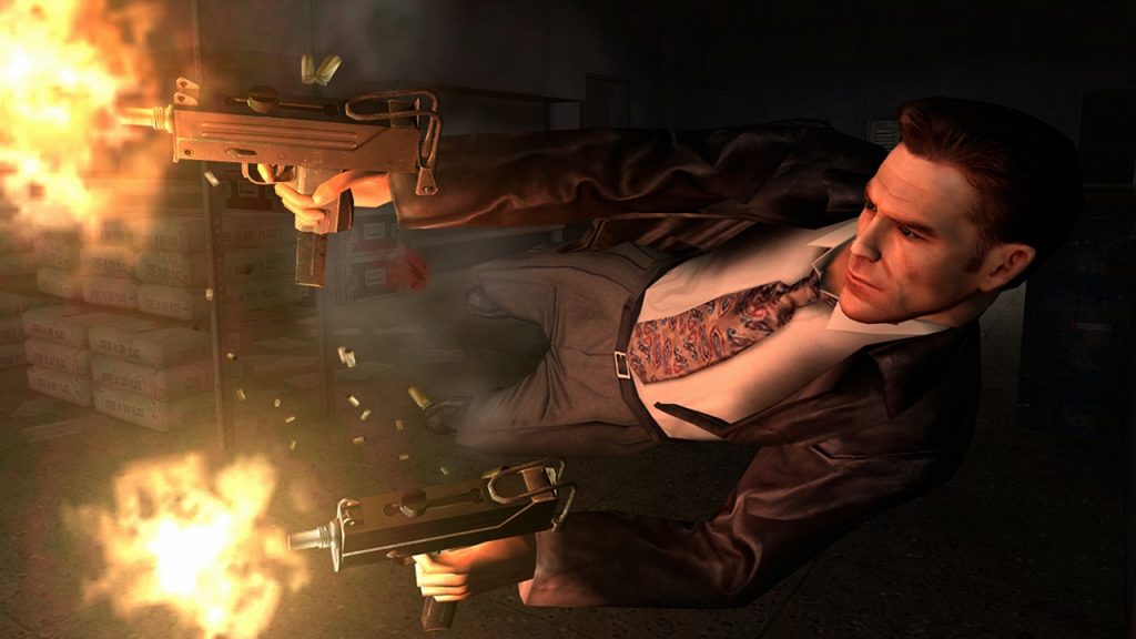 A gameplay screenshot from Max Payne 2 showcasing the "bullet time" combat mechanic.