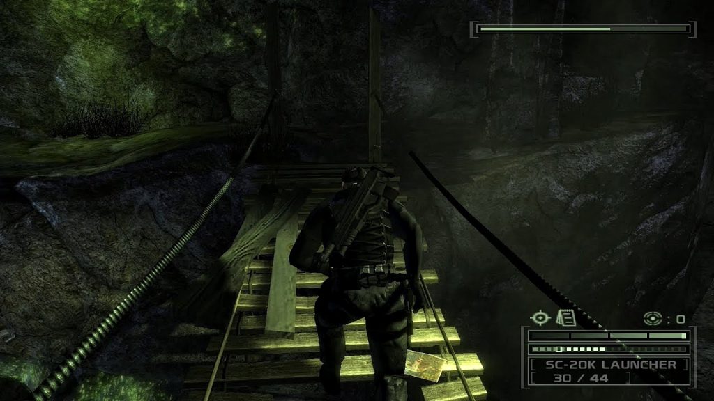 Gameplay screenshot of Splinter Cell: Chaos Theory featuring protagonist Sam Fisher sneaking across a bridge.