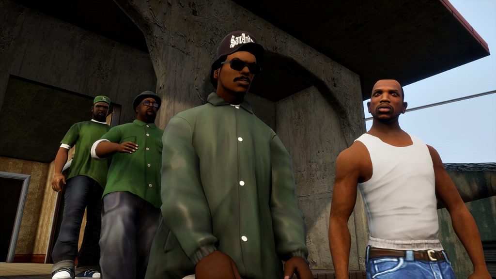 A scene from Grand Theft Auto (GTA): San Andreas, featuring Grove Street Families gang members.