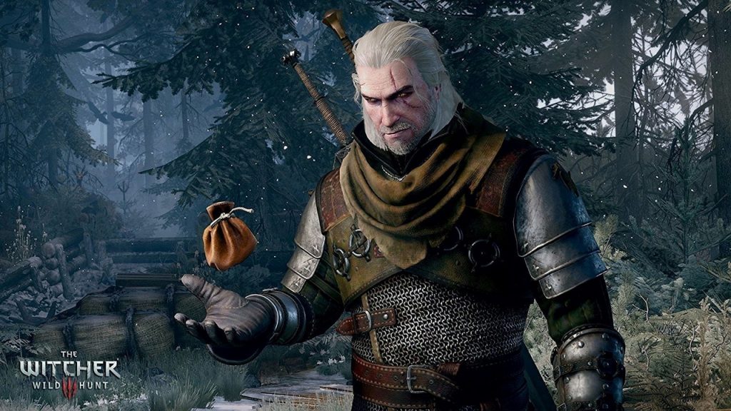 An in-game screenshot of The Witcher 3 featuring protagonist Geralt of Rivia juggling a coin pouch.