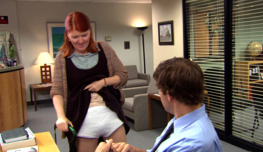 Kate Flannery and John Krasinski as Meredith and Jim in The Office