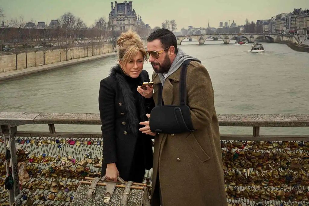 a still from murder mystery jennifer aniston and adam sandler 