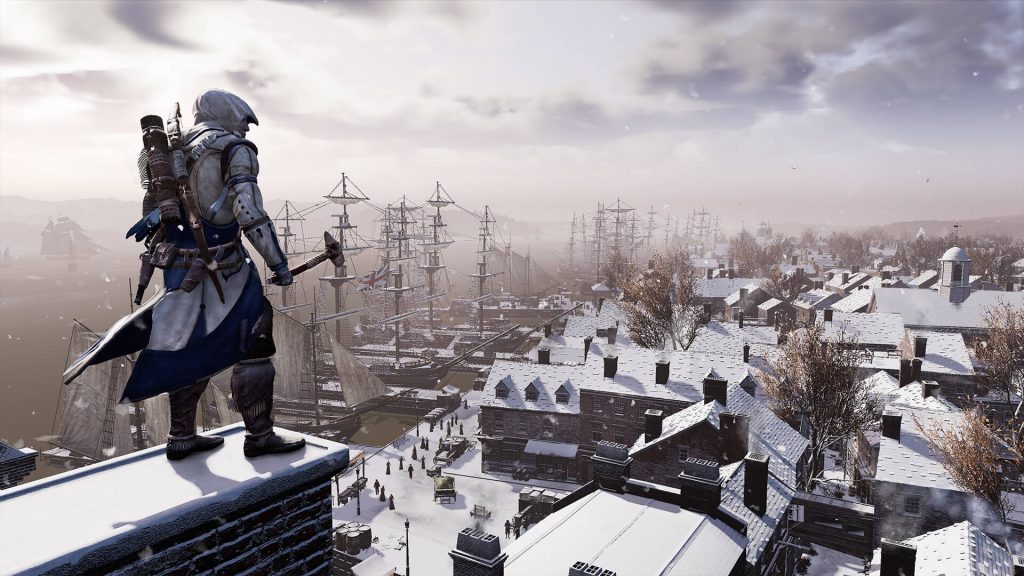 the image shows a player standing on top of a building in Assassin's Creed 3