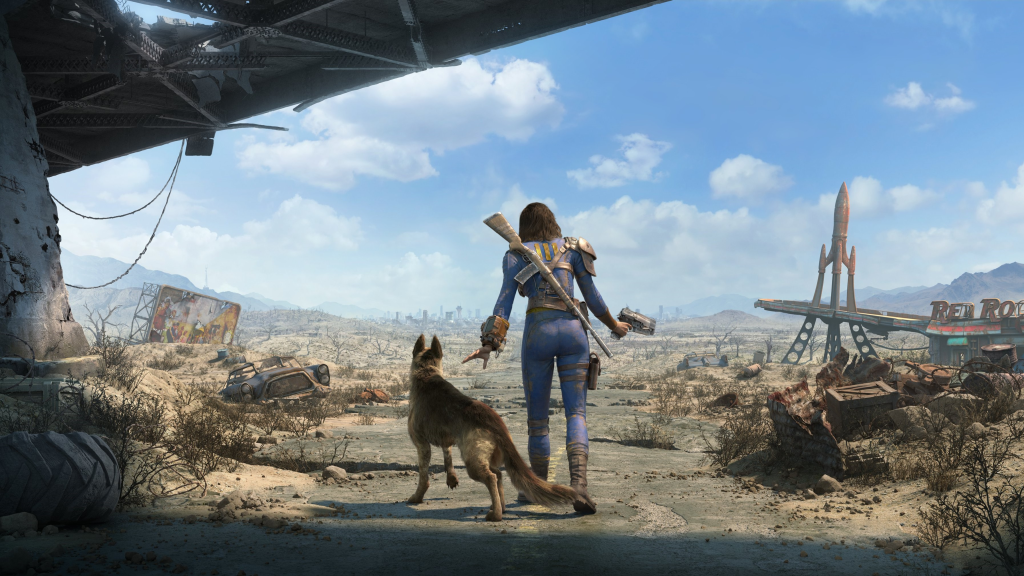 the image shows Fallout 4's main character and their companion