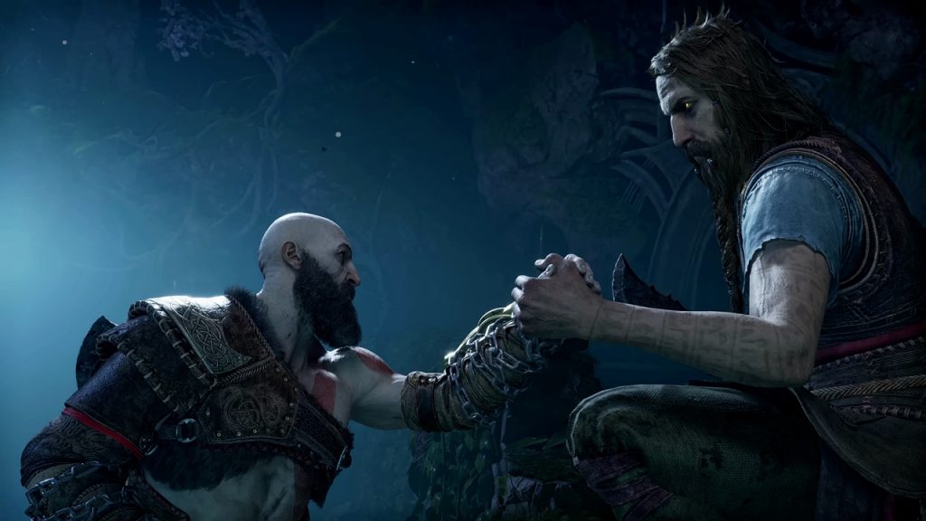 A scene from God of War Ragnarok featuring Tyr and Kratos.