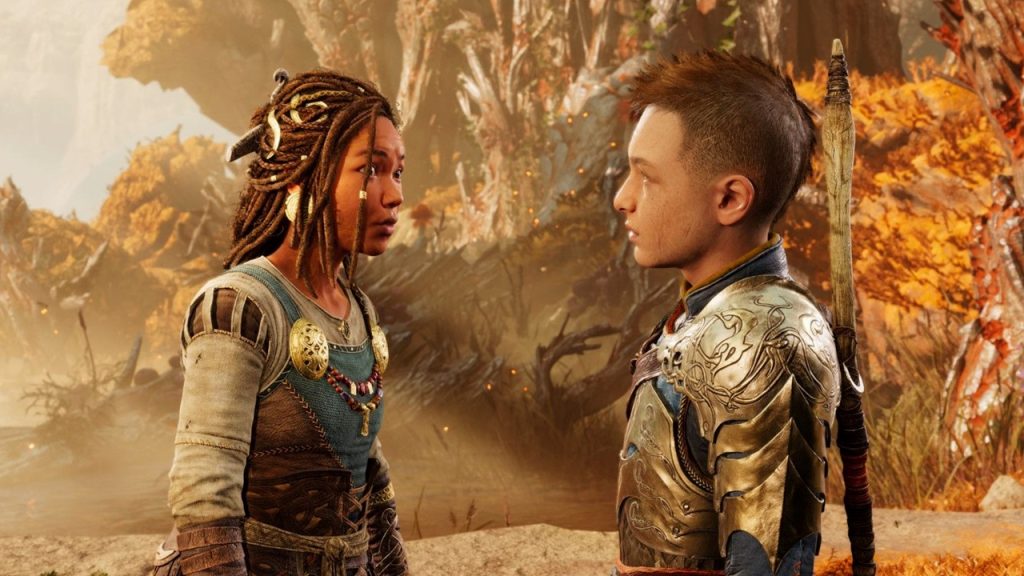 A cutscene from God of War Ragnarok shows Angrboda speaking with Atreus. 