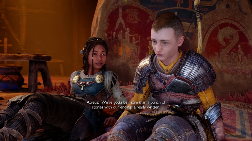 A scene from God of War Ragnarok featuring Atreus and Angrboda conversing.