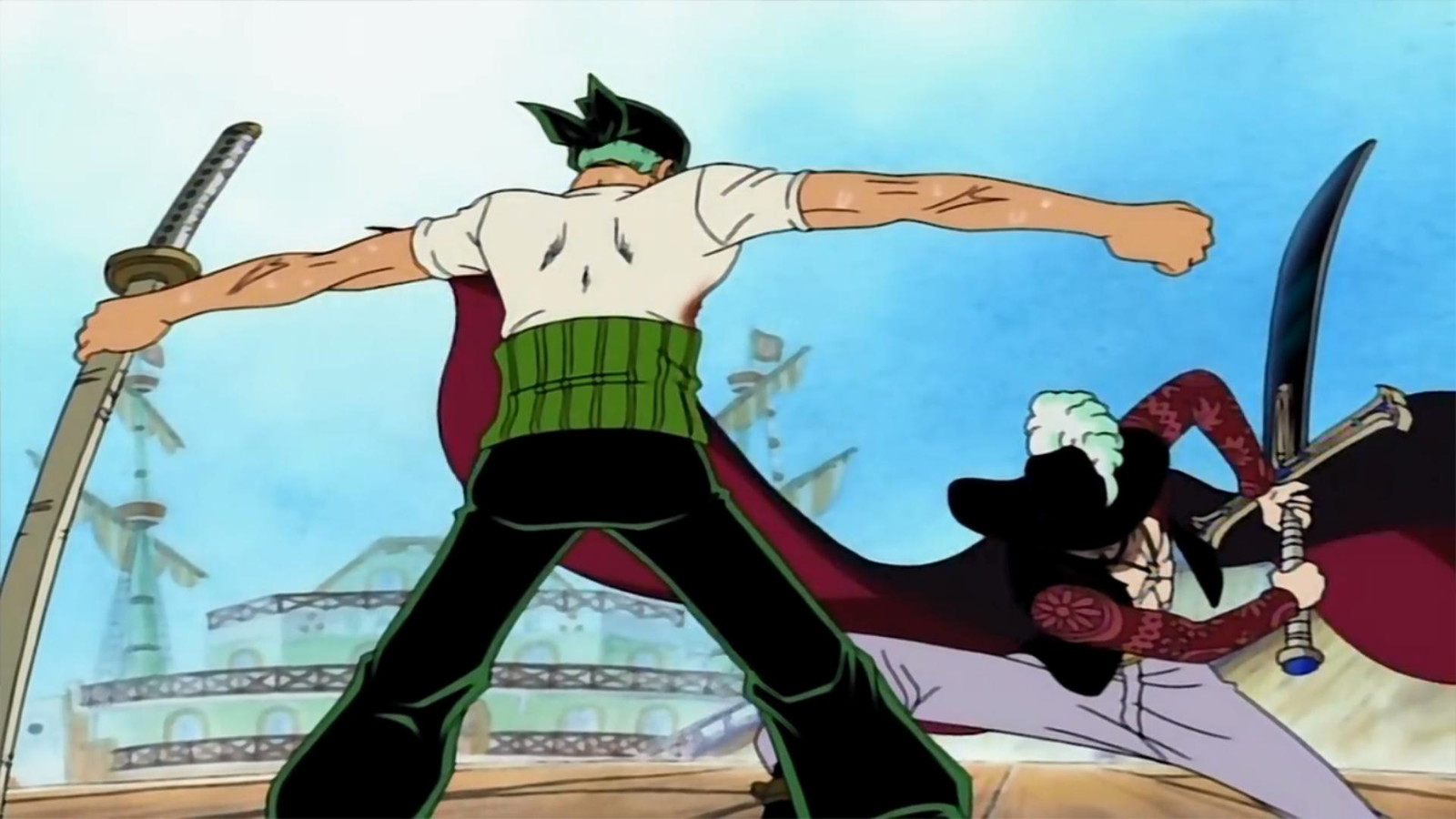 Zoro and Mihawk's face-off at Baratie in One Piece