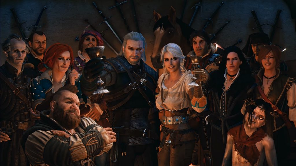 A scene from The Witcher 3 10th Anniversary video featuring various characters from the game. 