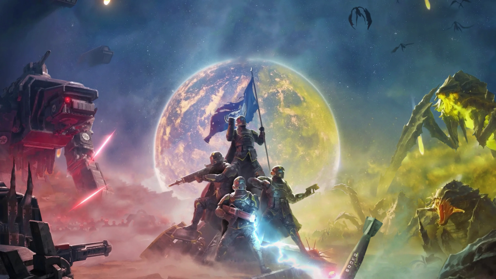 the image shows a promotional picutre for Helldivers 2