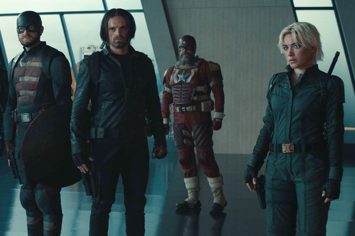 A still from Thunderbolts* including Yelena Belova, Bucky Barnes, Red Guardian and US Agent