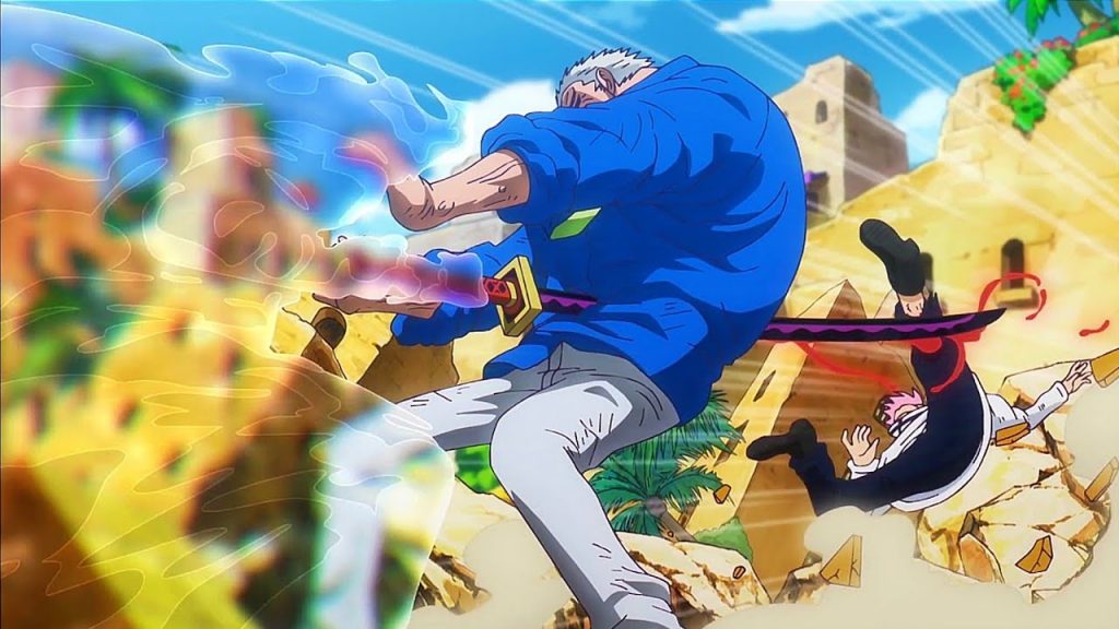 Shiryu stabs Garp while using Suke Suke no Mi. 