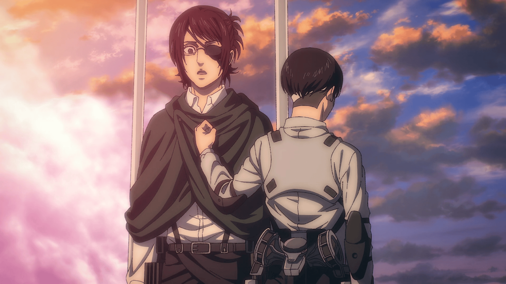 Levi bids Hange farewell in Attack on Titan.