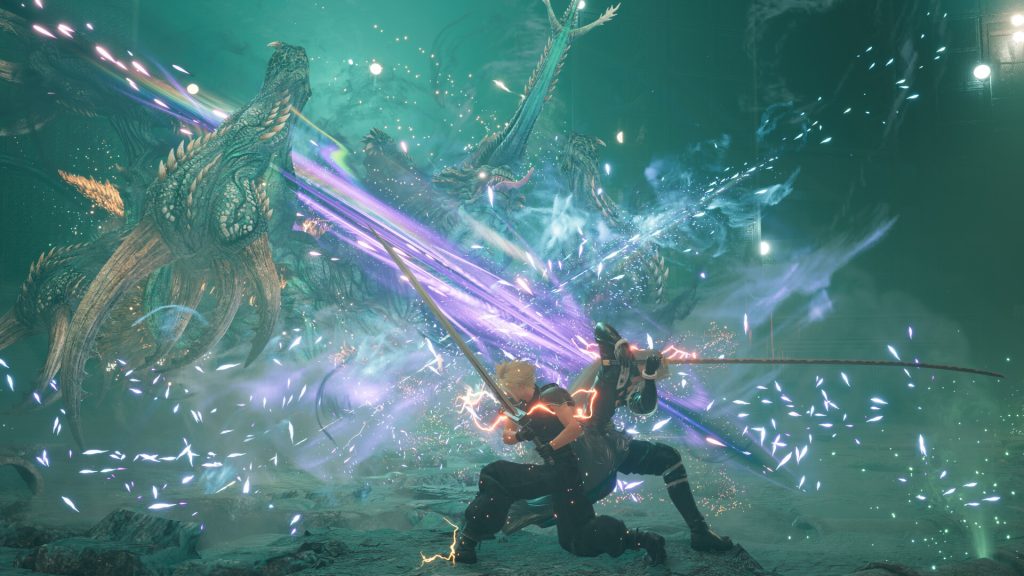 the image shows players fighting a boss in final fantasy 7 rebirth