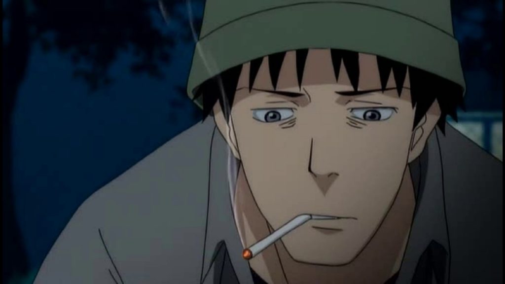 a close up image of Tatsuhiro Satou smoking a cigarette from Welcome to the NHK