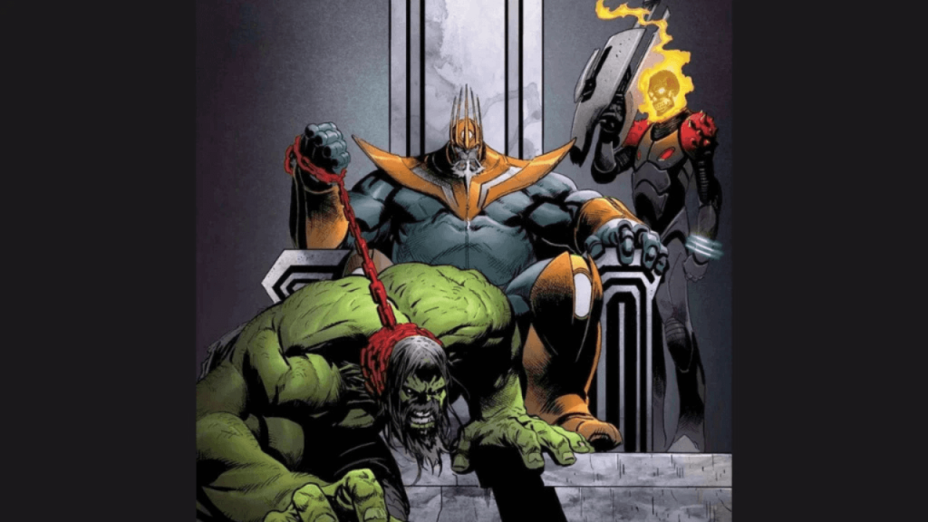 King Thanos, Cosmic Ghost Rider, and the Hulk as a guard dog in Thanos #15 | Credits: Marvel Comics