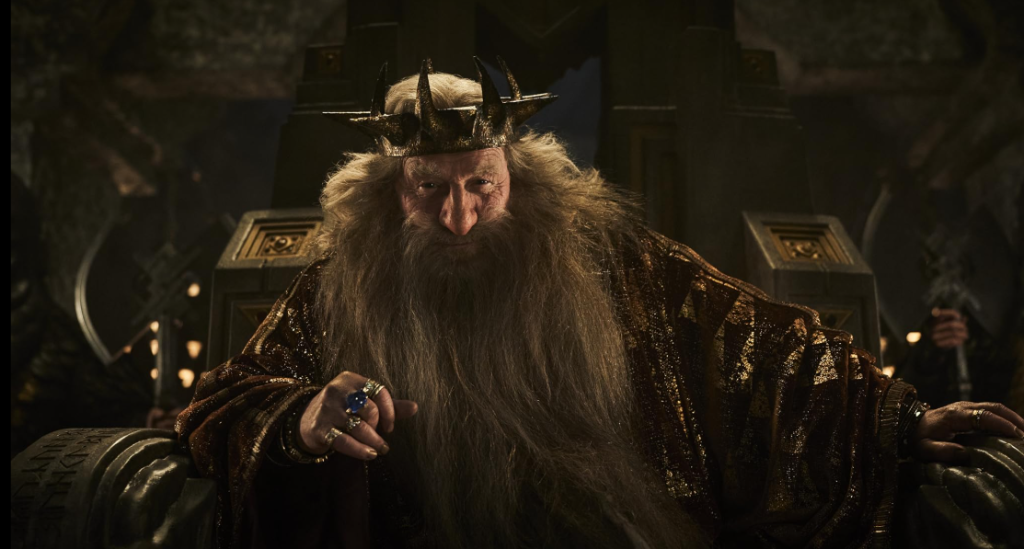 Peter Mullan portrays Dürin IV, Dwarven King of Khazad-dûm, a proud and formidable ruler. 