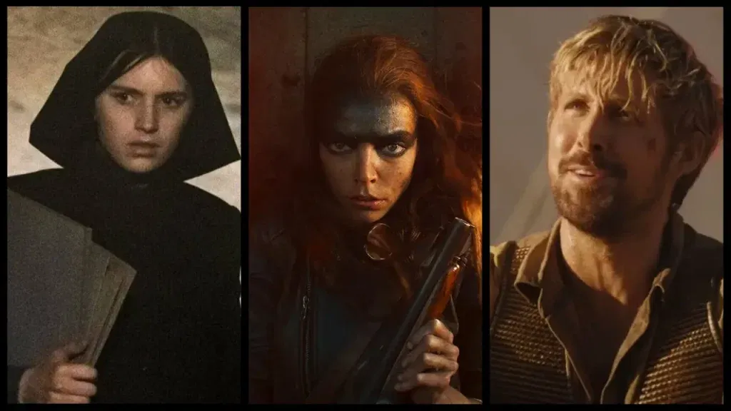 Stills from movies The First Omen, Furiosa, and The Fall Guy