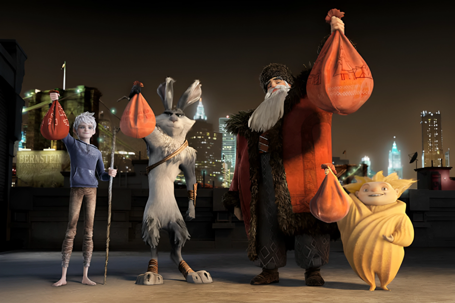  Jack Frost in a blue hoodie holding a staff, the Easter Bunny holding an orange bag, North (Santa Claus) in dark winter gear with a large orange sack, and the Sandman as a short golden figure also holding a bag.