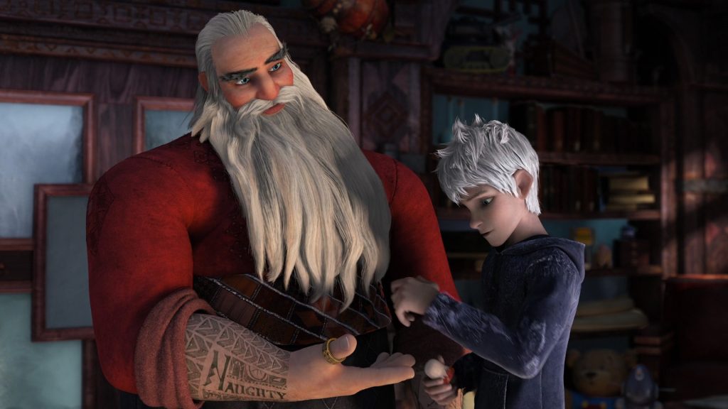 A close-up scene from 'Rise of the Guardians' showing North (Santa Claus) and Jack Frost.