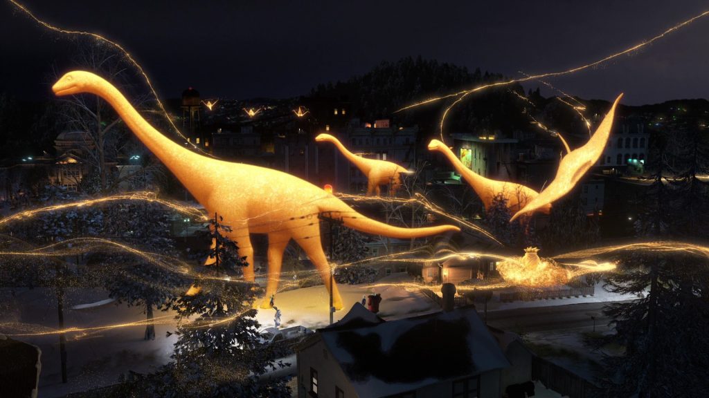 A nighttime scene from 'Rise of the Guardians' showing the Sandman's dream magic at work. Golden streams of dream sand are taking the form of four glowing dinosaurs.