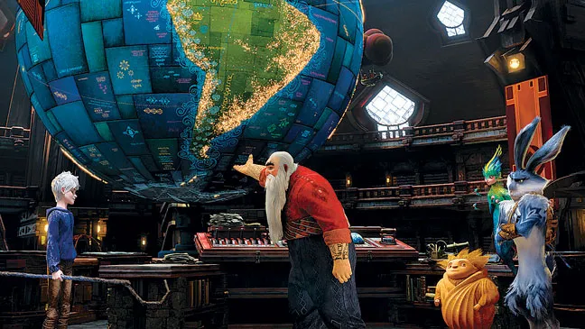 A scene in North's workshop from 'Rise of the Guardians' showing North (Santa Claus) pointing up at a massive illuminated globe floating above them. Jack Frost stands to the left while the Tooth Fairy, Sandman, and Easter Bunny are visible on the right.