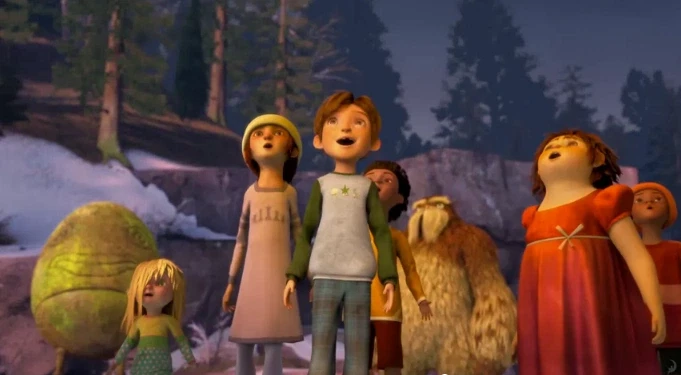 A scene from 'Rise of the Guardians' showing a group of children looking up in wonder at something off-screen.