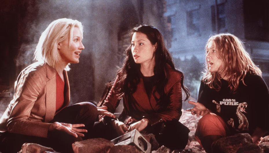 A still of Drew Barrymore as Angel Dylan, Cameron Diaz as Agent Natalie, and, Lucy Liu as Agent Alex from the movie Charlie’s Angles.