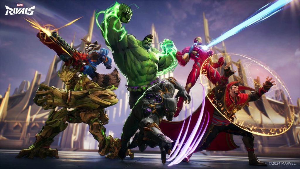 Marvel Rivals promotional image featuring a team of five players. 