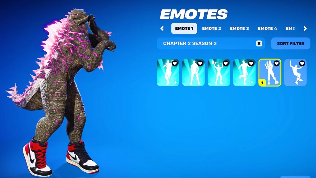 Fortnite screenshot showcasing Godzilla doing a dance emote.