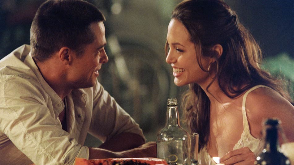 Brad Pitt and Angelina Jolie on a date in a still from the movie Mr. & Mrs. Smith