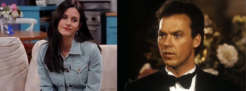 A collage of Courtney Cox as Monica Geller in a still from the TV series Friends (Left) and Michael Keaton as Bruce Wayne in a still from the 1989 movie Batman (Right)